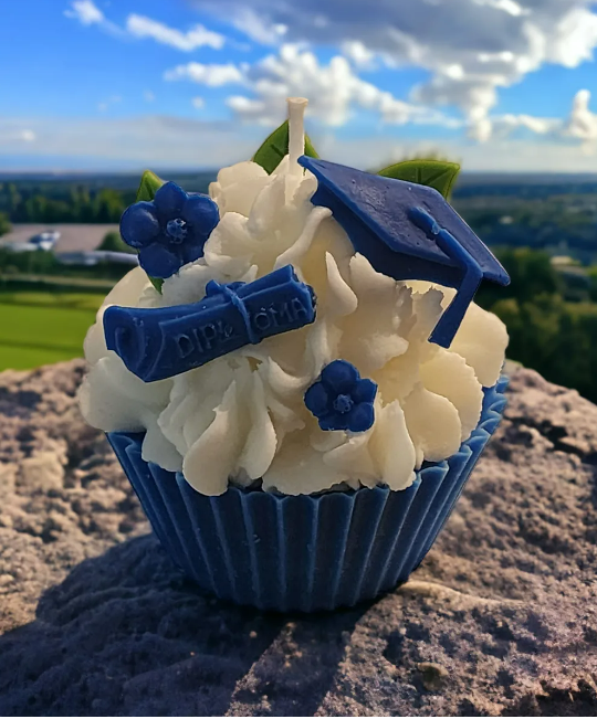 Top Gifts Graduation Cupcake Candle | Buttercream Fragrance | Blue Cupcake, Black/Gold Gift Box | 5oz