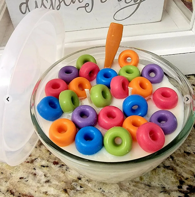 Froot loops scented soy wax candle in bowl
